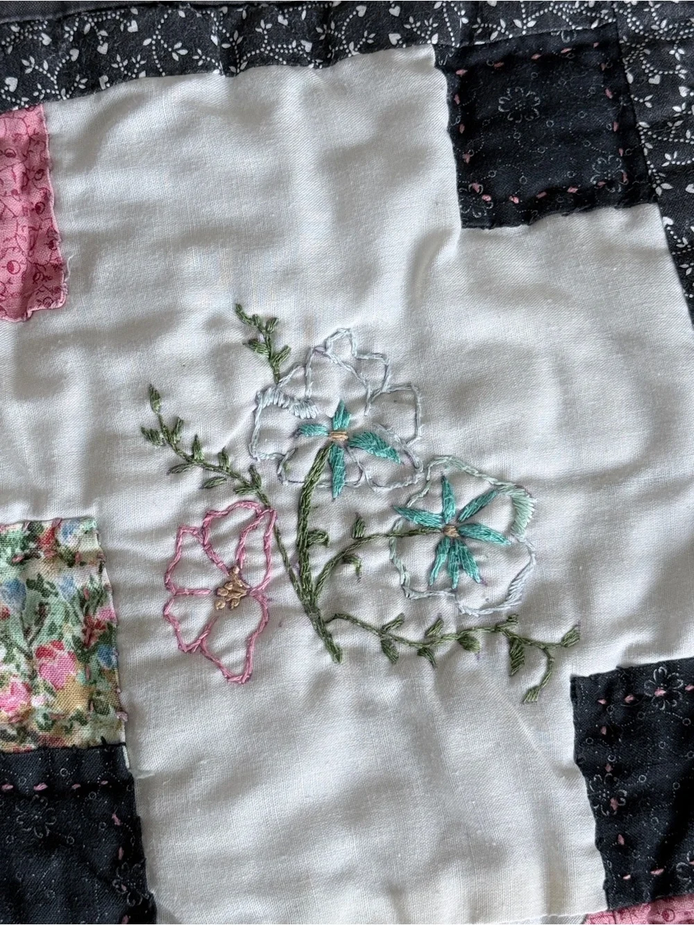 Small Quilt with Embroidered Flowers